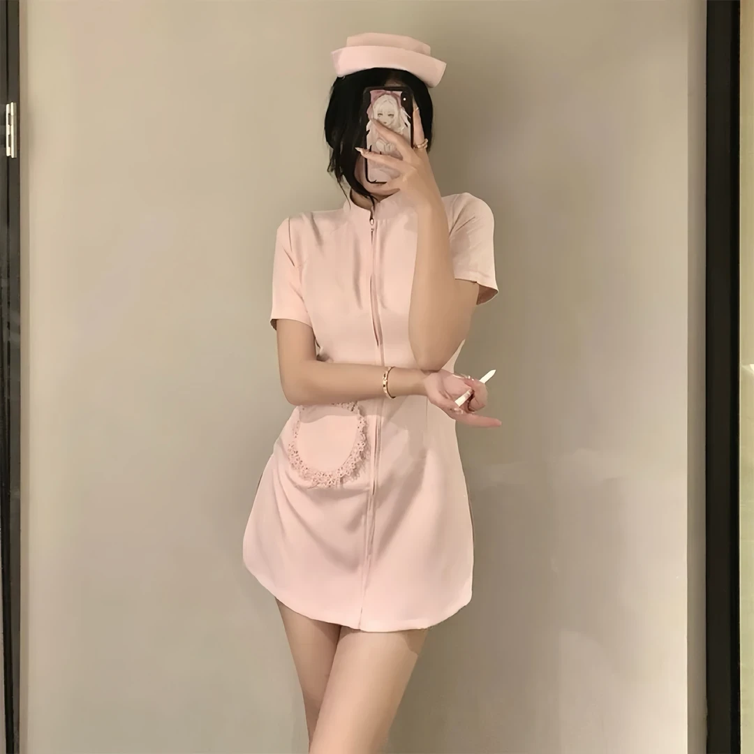 性感短裙显瘦诱惑连衣裙白色短款情侣拉链睡衣护士成人趣味服装聚