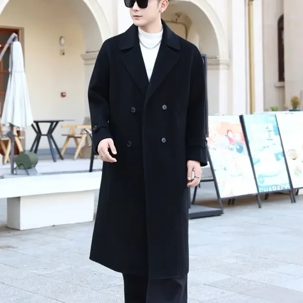 双面羊绒大衣双排扣宽松中长款长款冬季黑色大衣