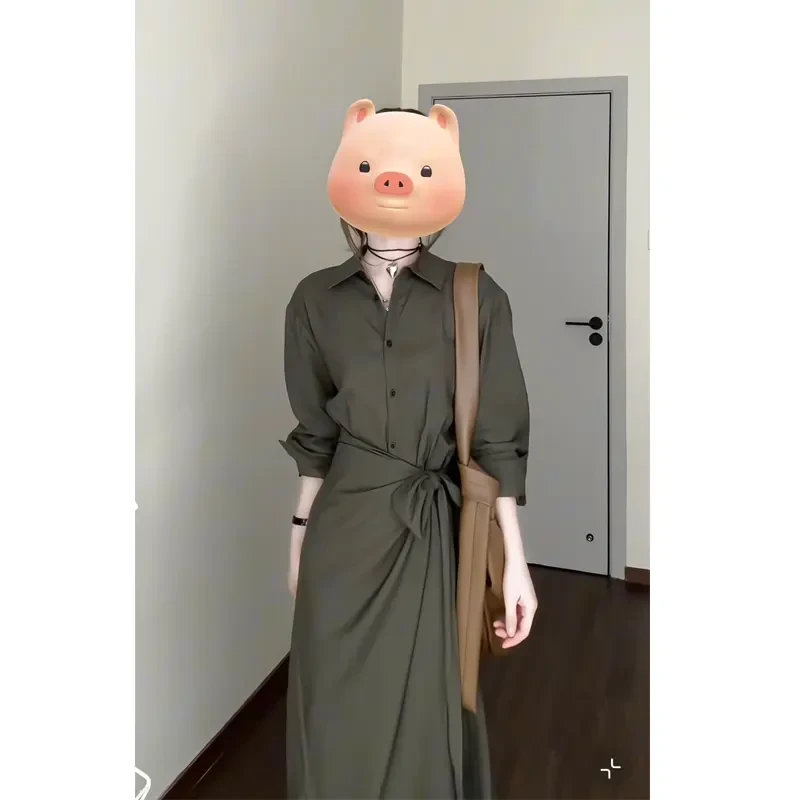 春季设计感不对称高腰绑带长袖连衣裙气质韩系长裙