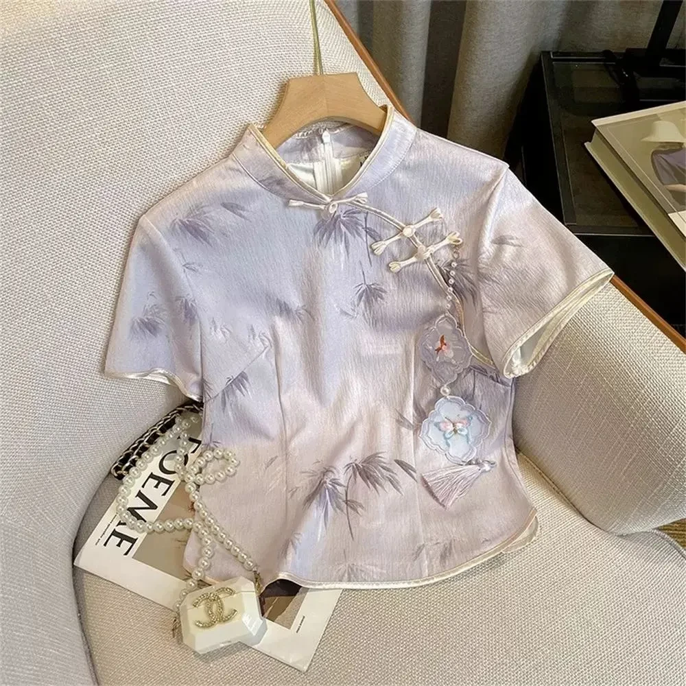 禅意冷清感气质短款上衣2025新款新中式水墨画国风短袖衬衫女9177