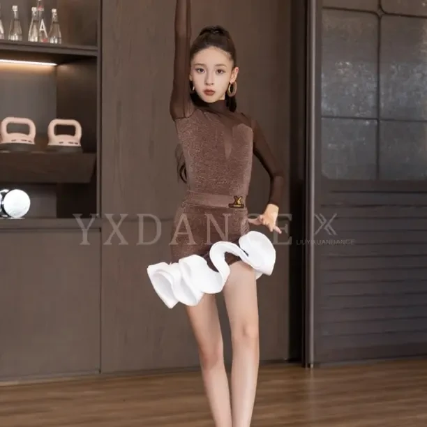 秋季新款拉丁舞女丝绒拼接网纱鱼骨裙练功服深咖色