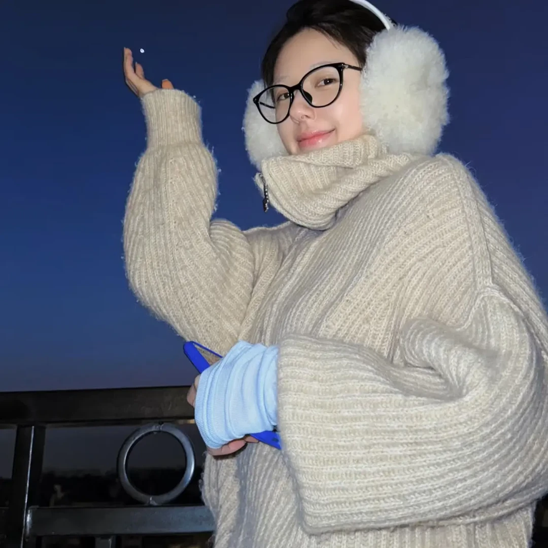 露思同款杏色翻领双拉链长袖韩版慵懒风宽松针织衫羊毛毛衣外套