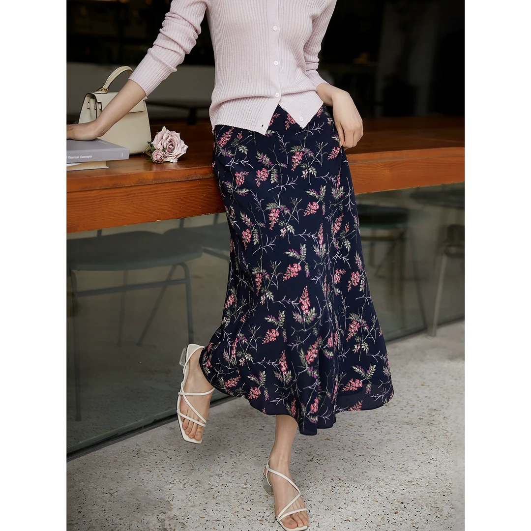 笑涵阁 热情海岛双绉桑蚕丝藏蓝底印花真丝半身裙SQA780696MG