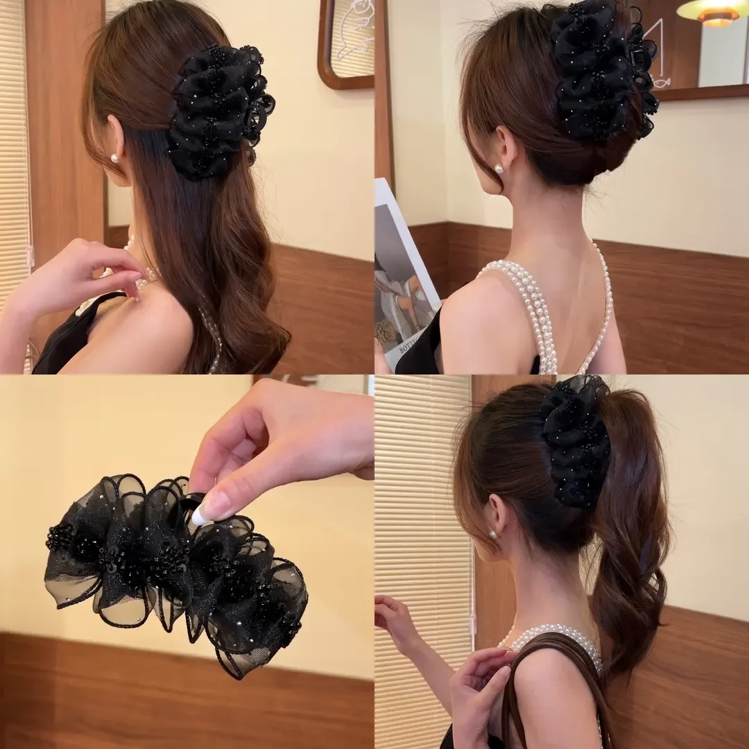 网纱褶皱盘发抓夹满天星高级感优雅气质甜美发夹春夏百搭高马尾夹