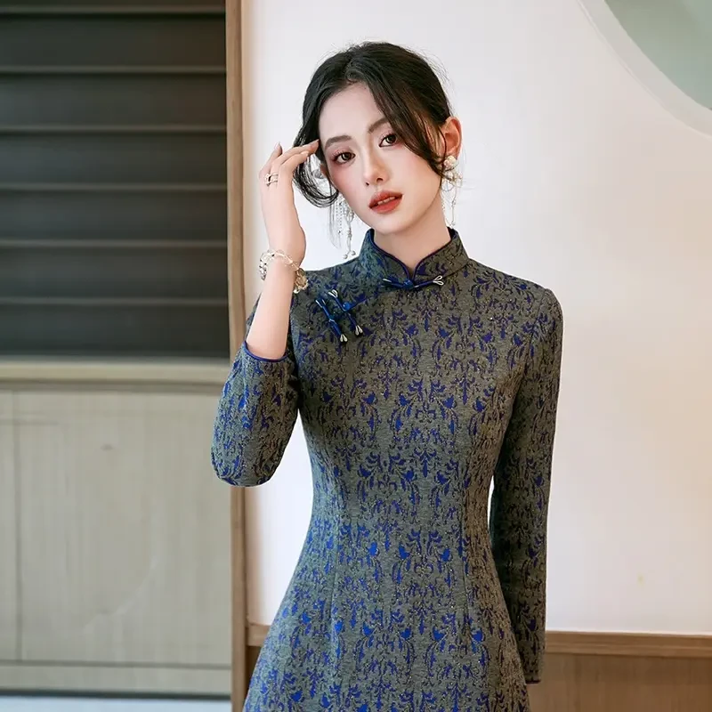 长款印花长裙花纹日常复古气质长袖短袖新中式旗袍
