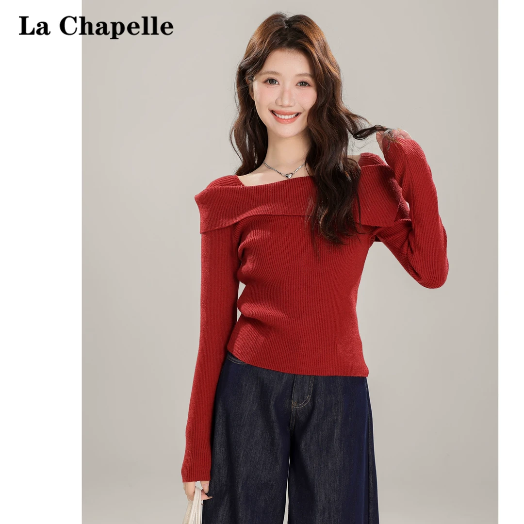 拉夏贝尔红色一字肩毛衣针织衫女2024年秋冬新款别致内搭修身上衣