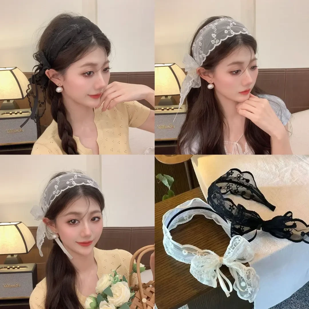 新款式田园小花宽版蕾丝花边发箍气质蕾丝刺绣蝴蝶结头饰发饰头箍