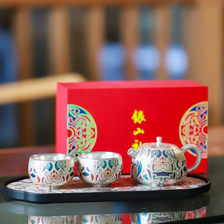 金银措饕餮纹鎏银一壶两杯陶瓷单壶家用过滤泡茶壶礼盒装复古送礼