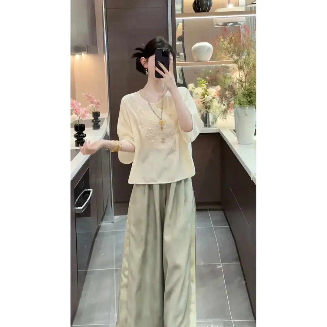 【涟漪】2025新款气质优雅斜门襟圆领禅意风上衣松紧腰百搭休闲裤子