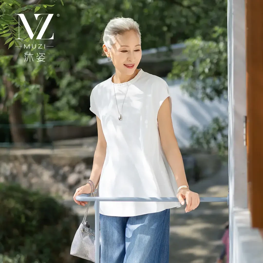 沐姿中年女装夏装短袖薄款T恤背心中老年妈妈端庄大气衬衫白上衣