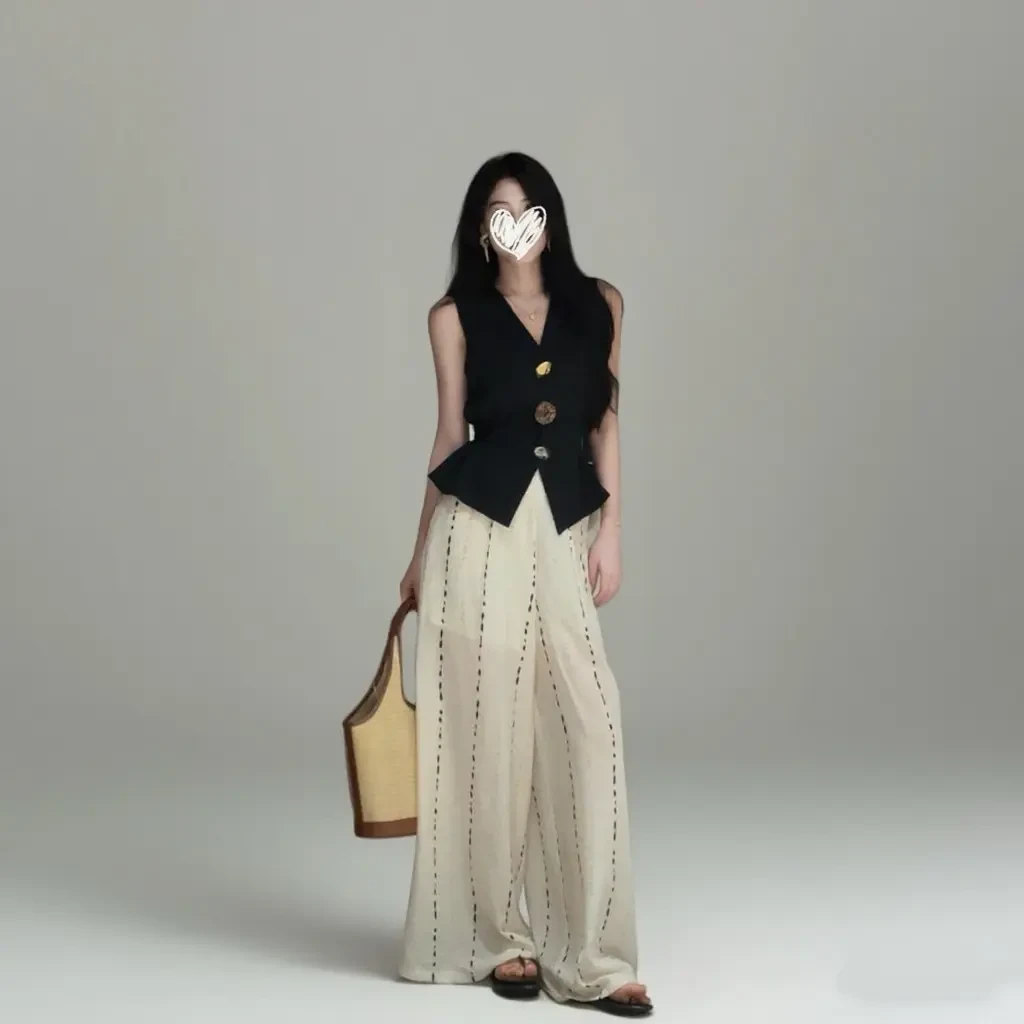 2025年夏季新款法式时尚气质无袖背心上衣高腰休闲阔腿裤两件套女