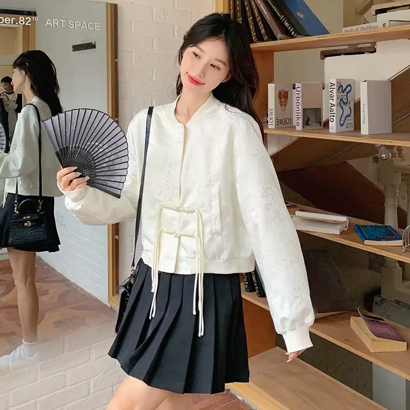 白色提花盘扣国风棒球服外套女春秋新中式夹克上衣小个子流行时髦