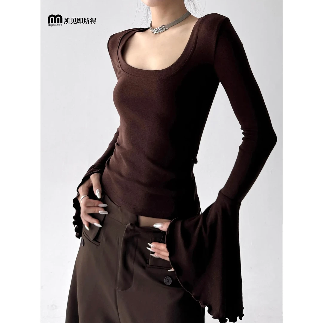 时髦打底衫女2025秋季新款韩版设计感U领T恤修身高个显瘦百搭上衣