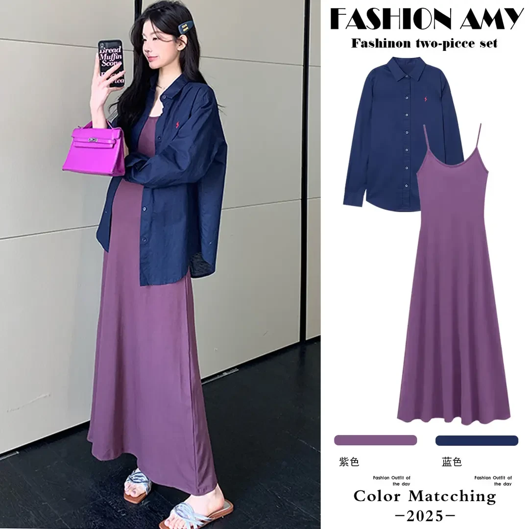 孕妇套装春装新款时尚韩版气质高级感宽松衬衫上衣显瘦吊带连衣裙