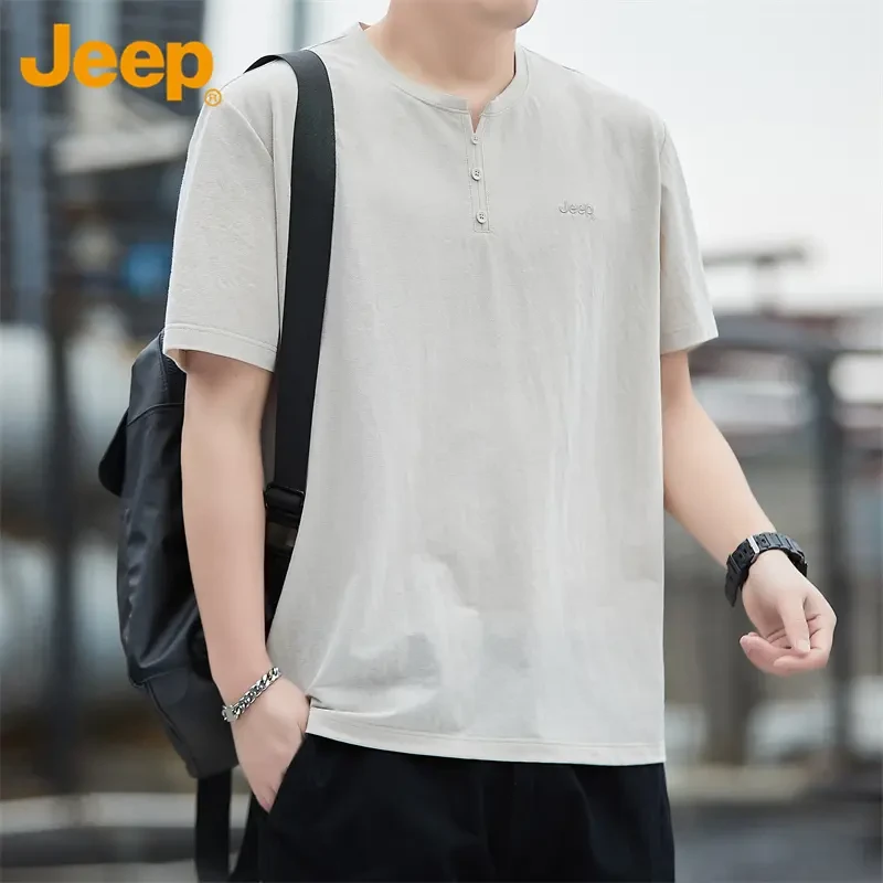 Jeep吉普男士亨利领短袖T恤夏季新款宽松透气百搭纯色休闲上衣男