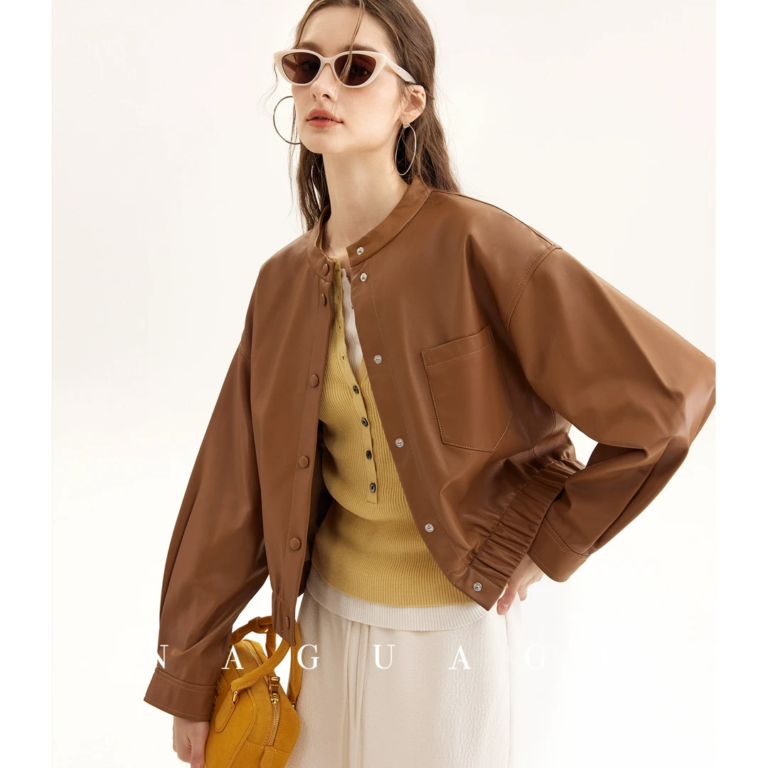 【时尚密码】琎口绵羊皮|本布包扣|休闲立领皮衣夹克外套