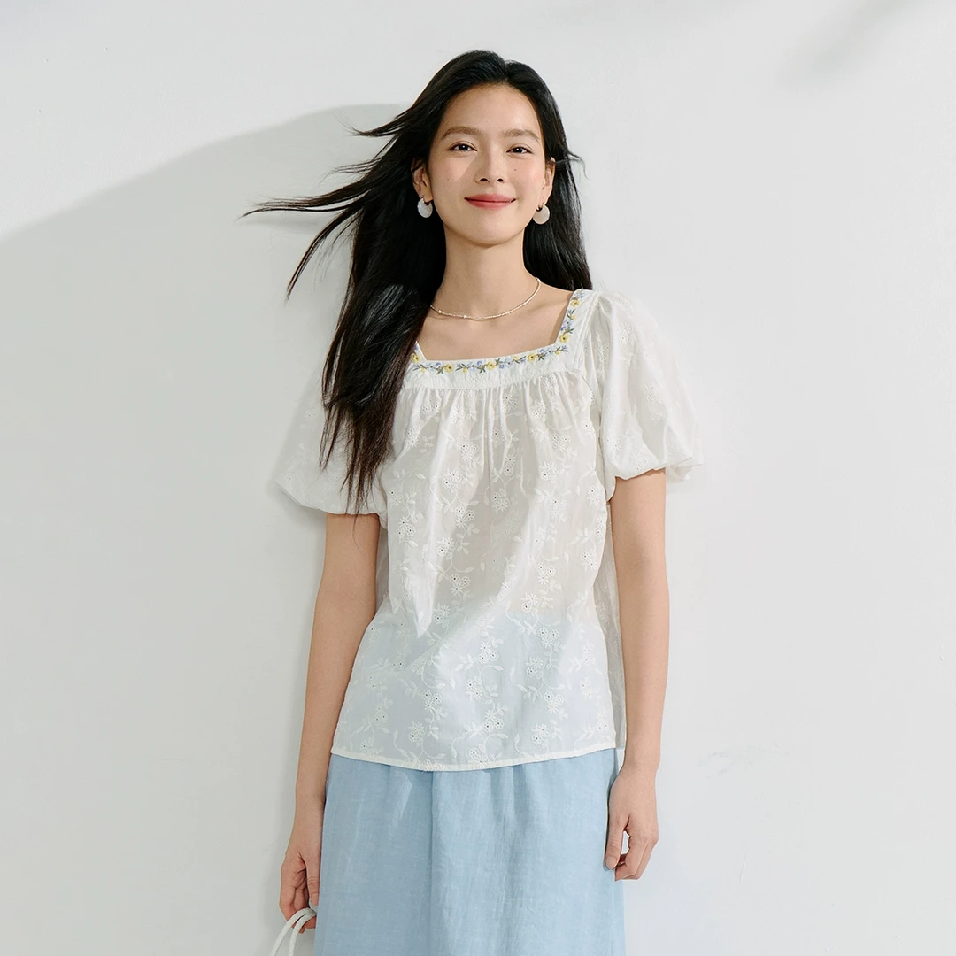 【欧若风新品】茵曼夏季方领刺绣衬衫时尚纯棉透气泡泡袖衬衫上衣女