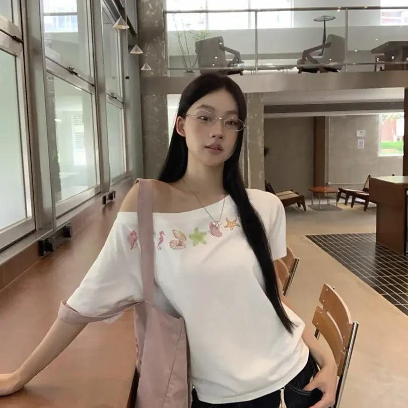 2025夏季新款宽松显瘦短袖T恤女一字肩百搭宽松慵懒风斜肩女上衣