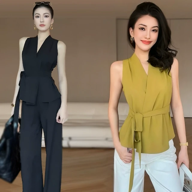 夏季气质通勤收腰系带色V领无袖背心衬衫女士性感露肩上衣小衫