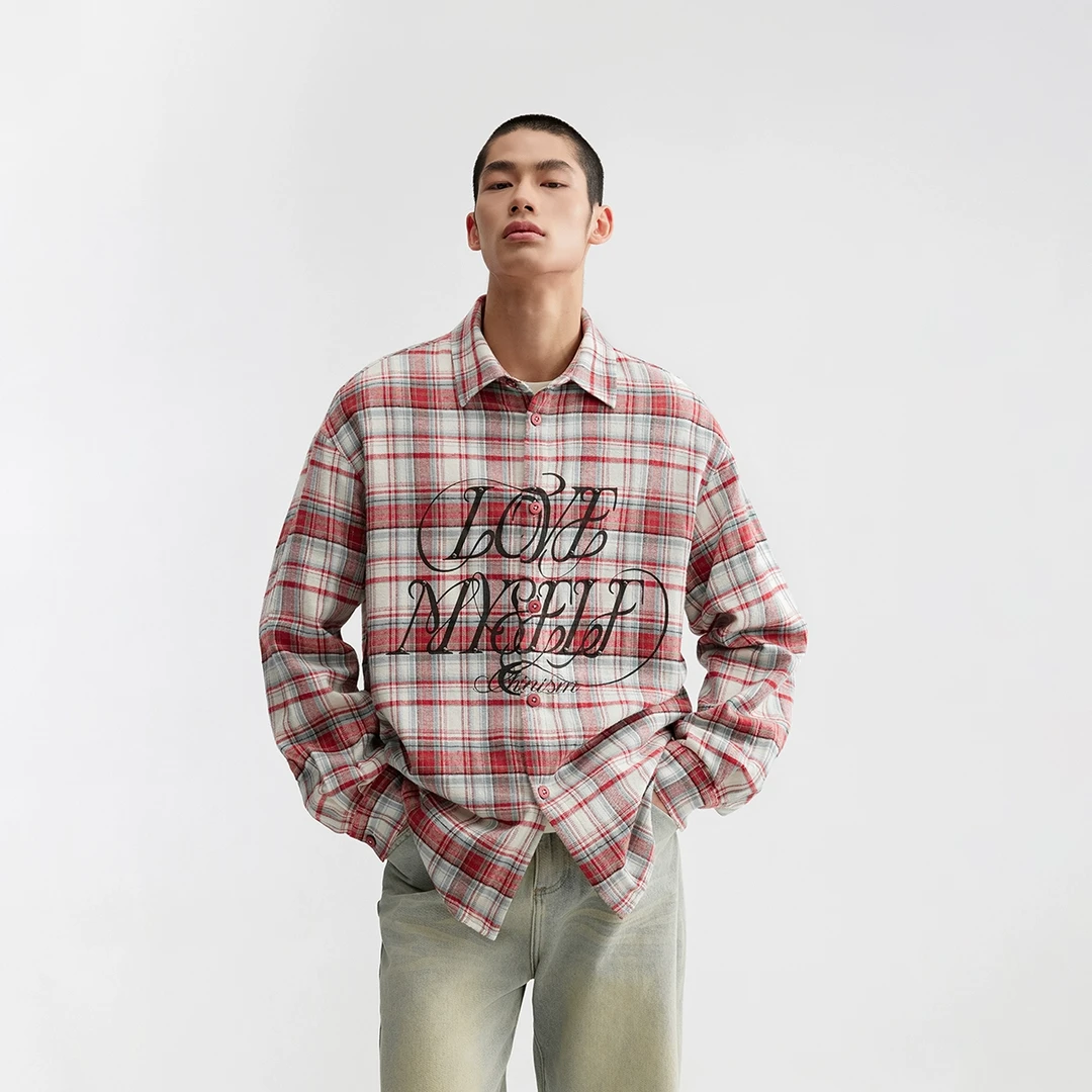 CHINISM赤尘红色字母印花格纹衬衫男2025春季宽松衬衣外套1073