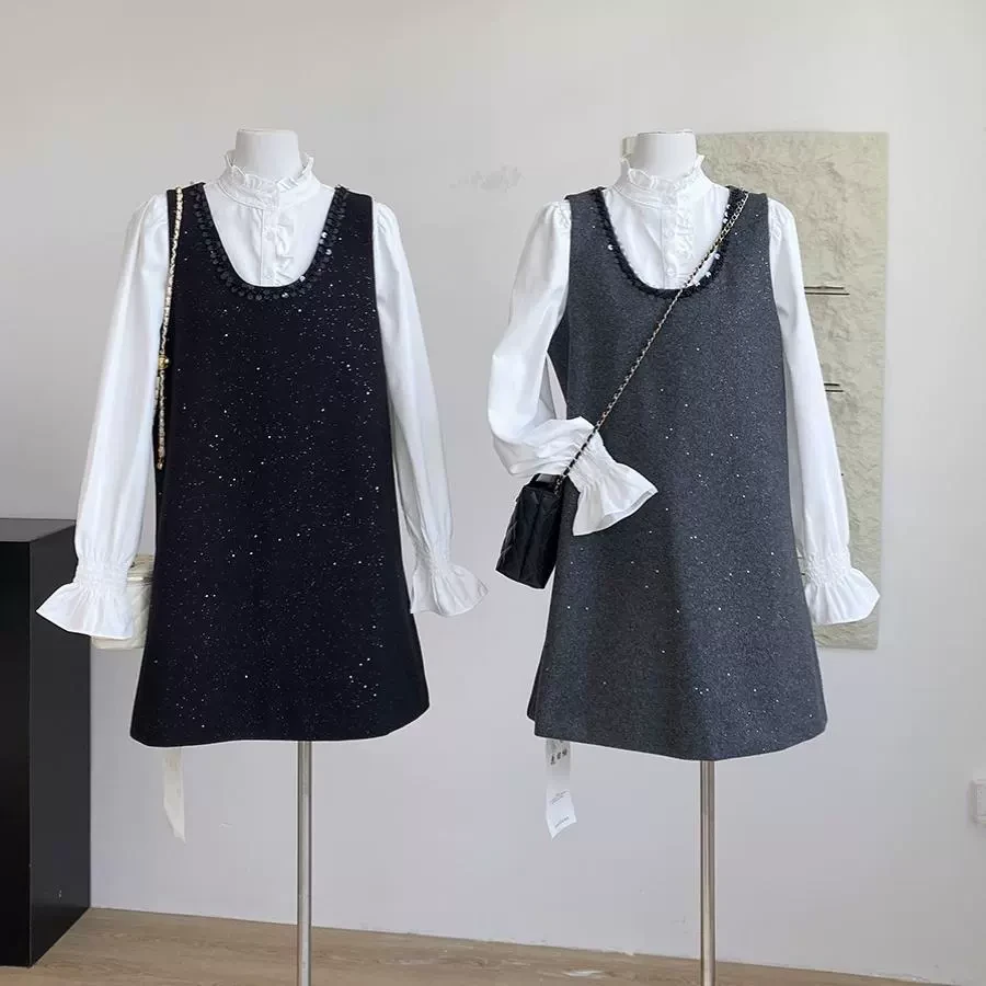 省钱风春季新款法式气质闪闪呢子背心裙+木耳边长袖衬衫两件套女