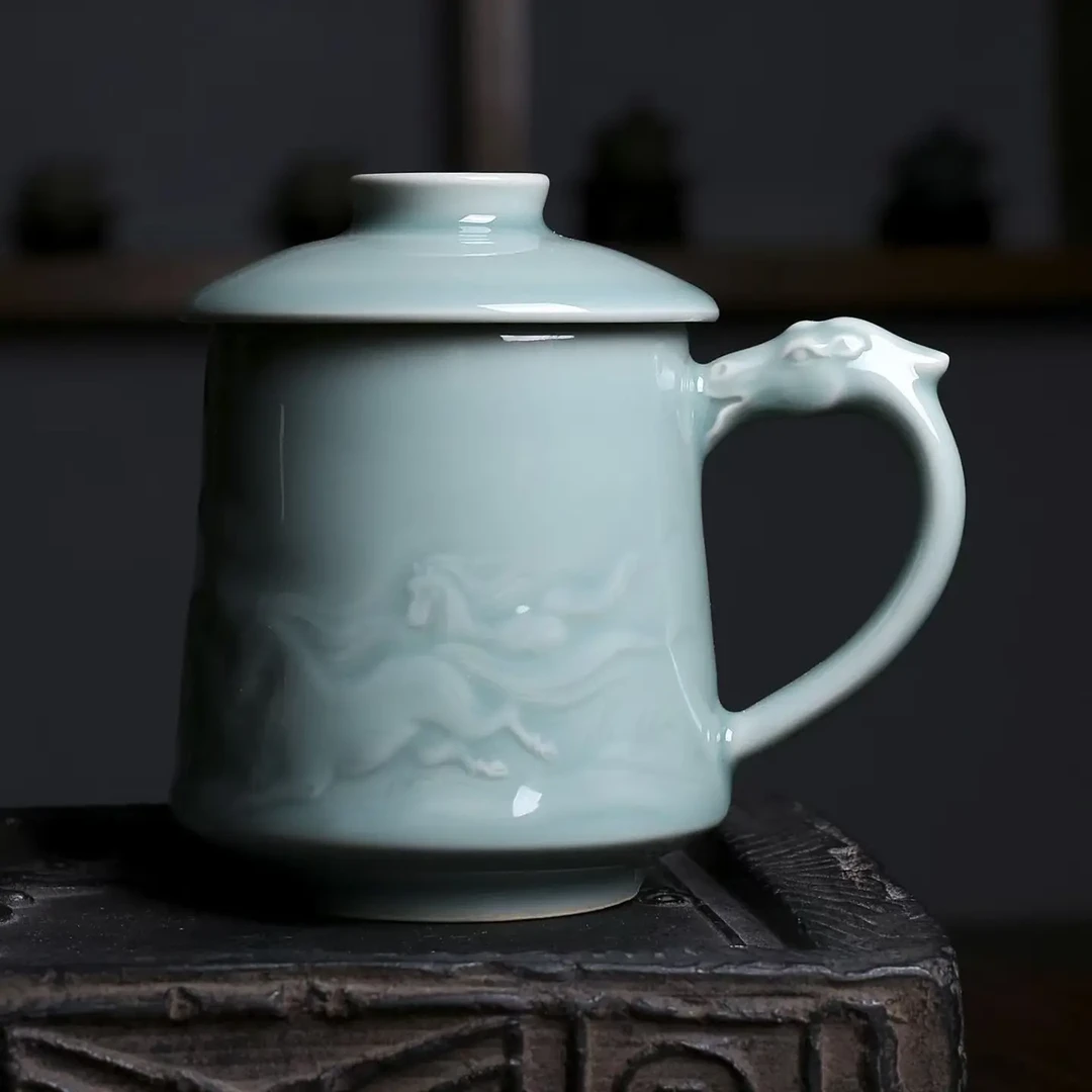 龙泉青瓷茶杯办公杯茶具家用泡茶杯带盖马克杯中式水杯陶瓷随手杯