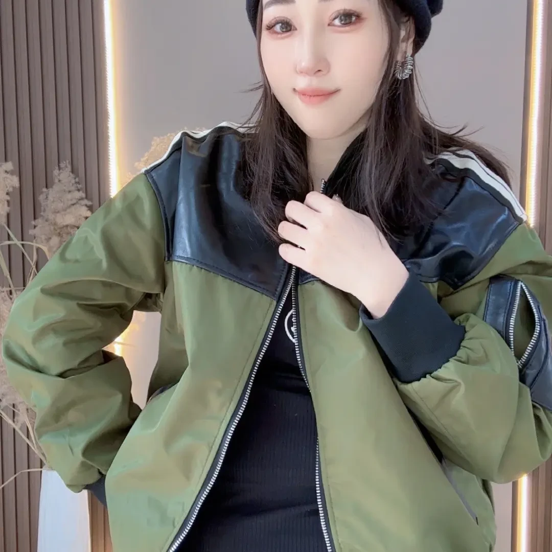 休闲修身型皮衣宽松时尚短款工装风春季拼色短外套宽松型百搭