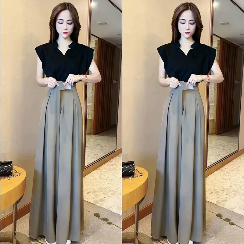 单件/套装 2025夏新款名媛风气质立领飞飞袖上衣阔腿裤长裤两件套