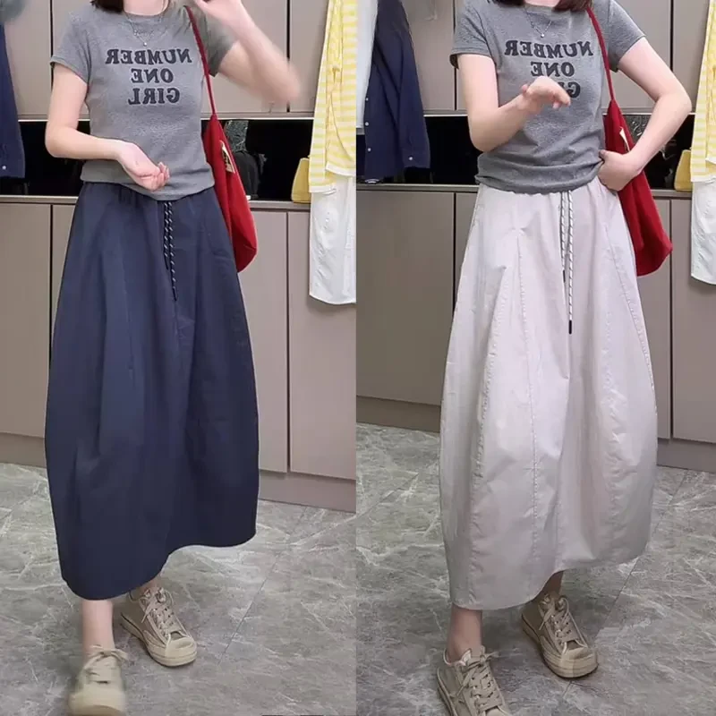 简约南瓜裙半身裙少女风中长款夏季裙子高腰拼接花苞裙