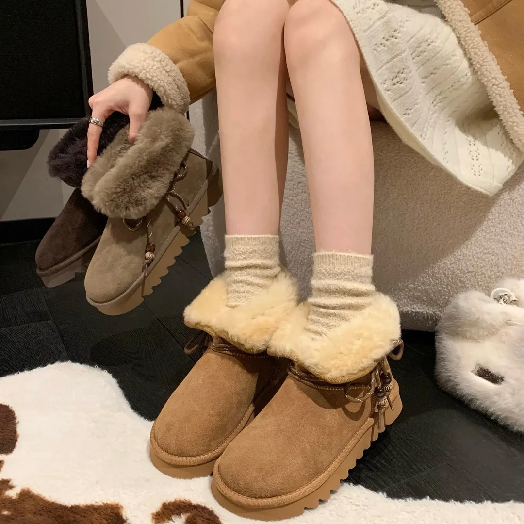 皮毛一体羊毛保暖厚底雪地靴女2025冬季新款外翻两穿加绒真皮棉鞋