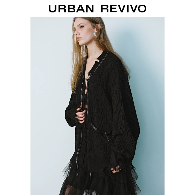 UR2025春季新款女装欧若风潮流街头风链条磨破针织开衫UYV950006