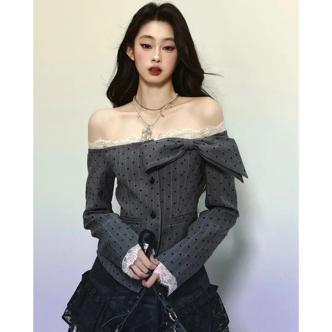 开春法式甜辣一字领波点套装设计感黑色上衣女女装高腰半身裙