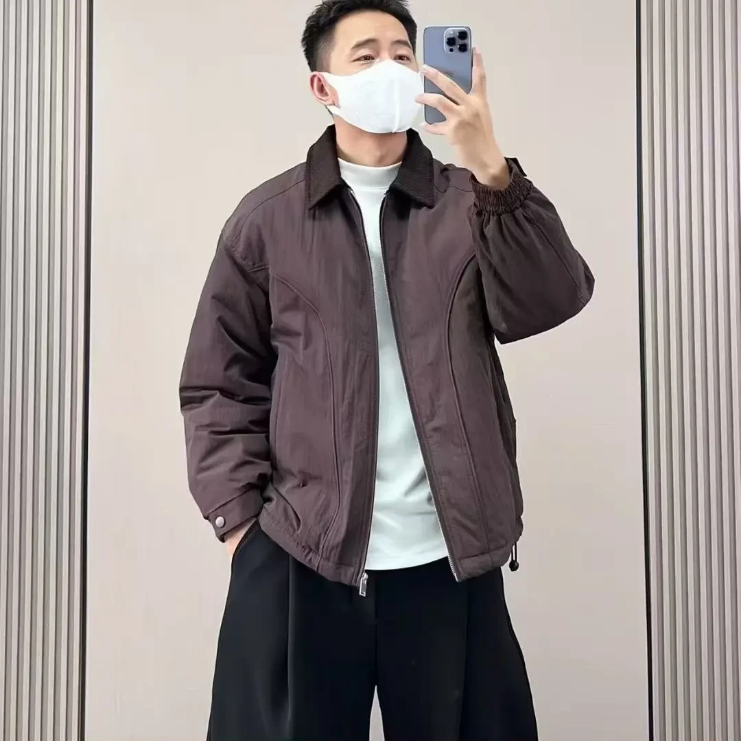 冬季美式复古翻领白鸭绒保暖拼接设计感男士潮流休闲