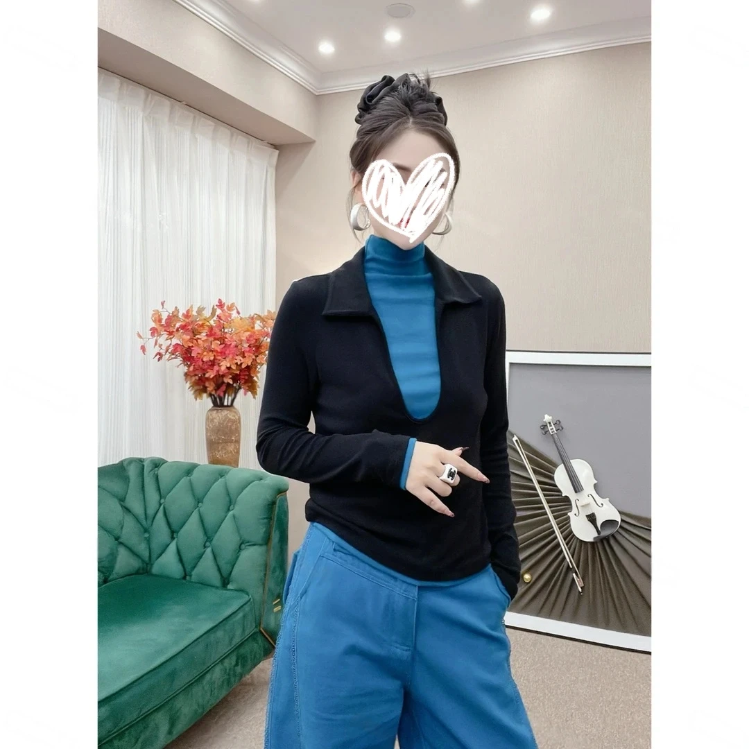 【涵安娜]】秋冬新款V领纯欲风常规T恤假两件常规款长袖休闲