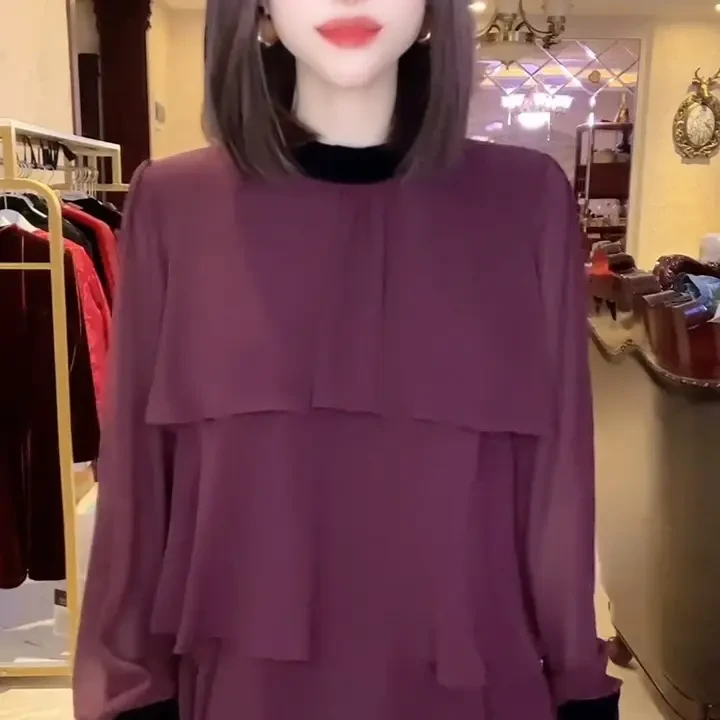 春秋季法式时尚长袖丝绒领荷叶边气质女士衬衫上衣