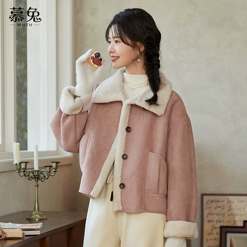 慕兔粉色加绒外套女冬2024新款皮毛一体加厚机车服夹克上衣