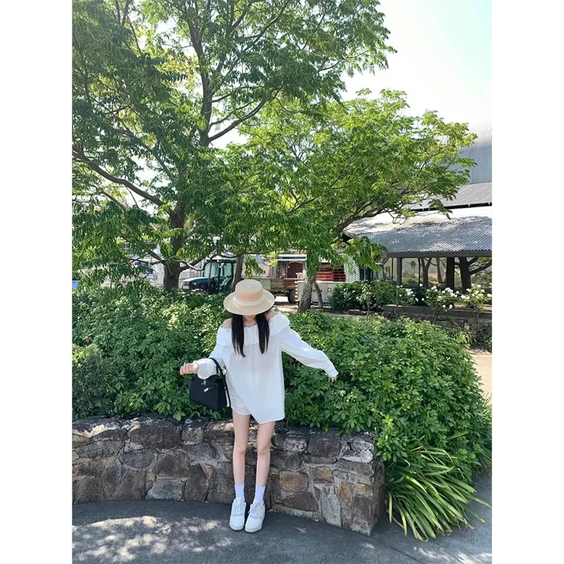 气质辣妹一字肩宽松长袖衬衫2025早春新款轻熟风高腰直筒百搭长裤