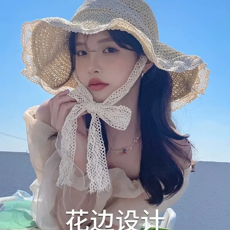 2025新款镂空草帽女款夏出游沙滩海边太阳帽蕾丝边遮阳帽子防晒帽