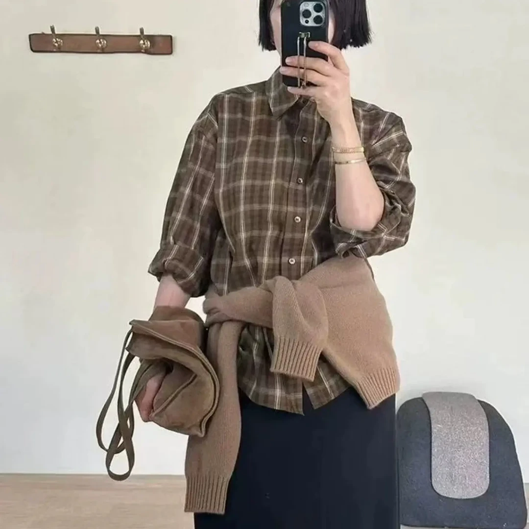 韩国self srvi*e韩版复古格子长袖衬衫女宽松百搭休闲上衣