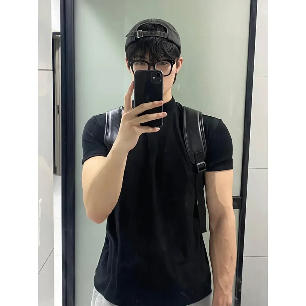 黑色正肩修身美式T恤男款夏季cleanfit痞帅短袖健身显肌肉三分袖