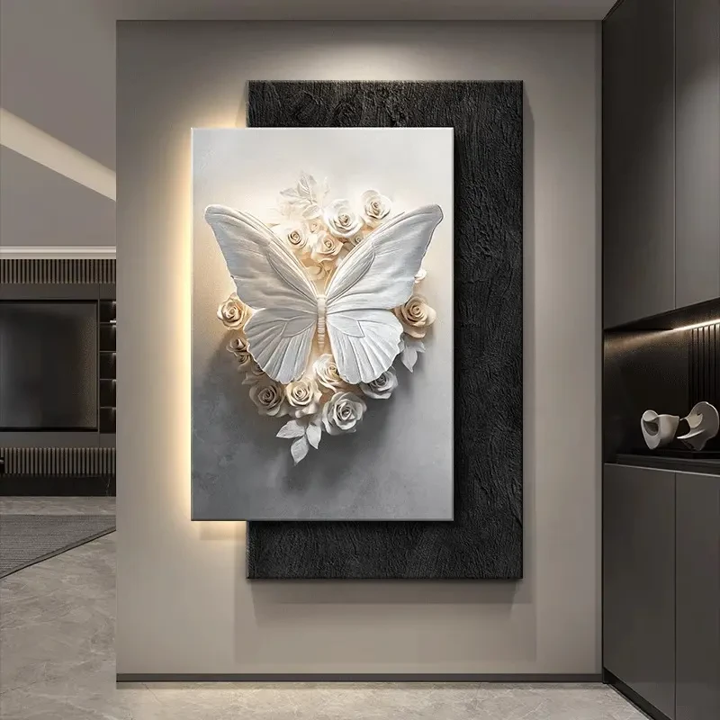 现代轻奢带灯玄关装饰画蝴蝶玄关墙正对入户门壁画客厅背景墙挂画