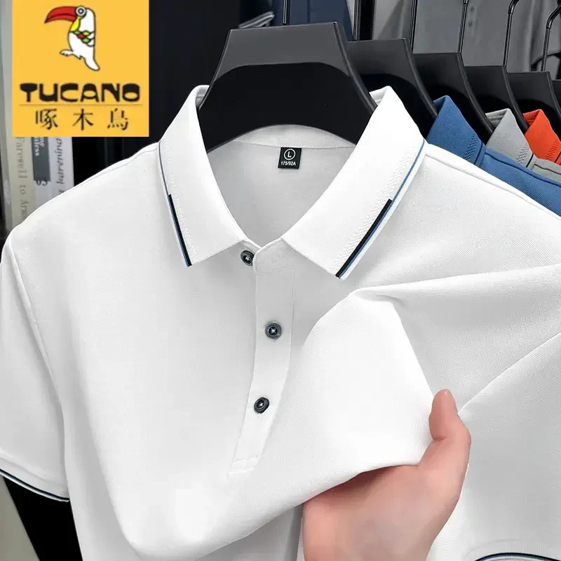 啄木鸟含桑蚕丝短袖Polo衫男士夏季薄款白色翻领上衣休闲半袖T恤