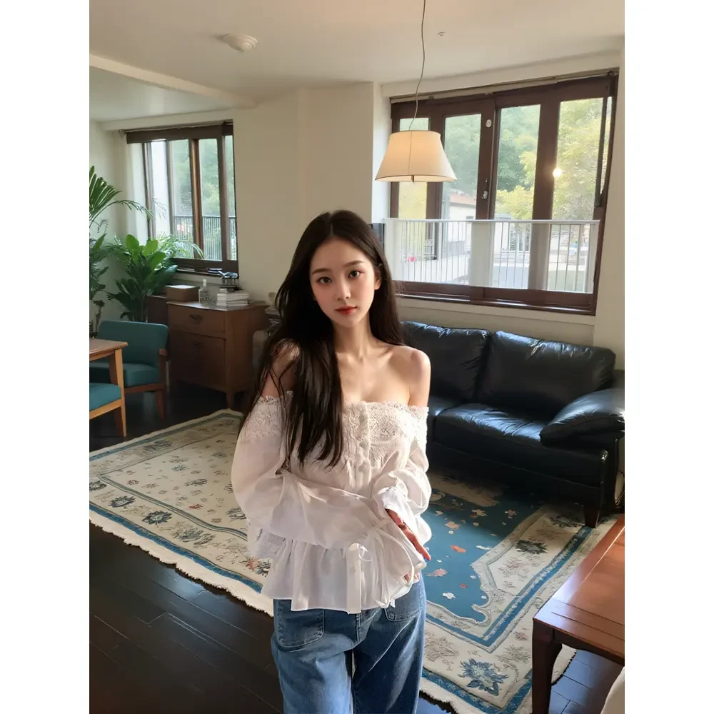 2025早春新款女士气质上衣一字肩蕾丝拼接长袖T恤设计感收腰衬衫