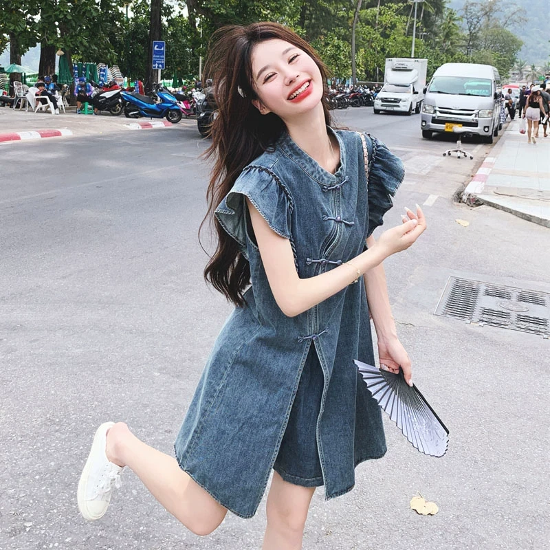 显瘦新中式小个子盘扣夏季薄款国风牛仔连衣裙短裤两件套女套装裙