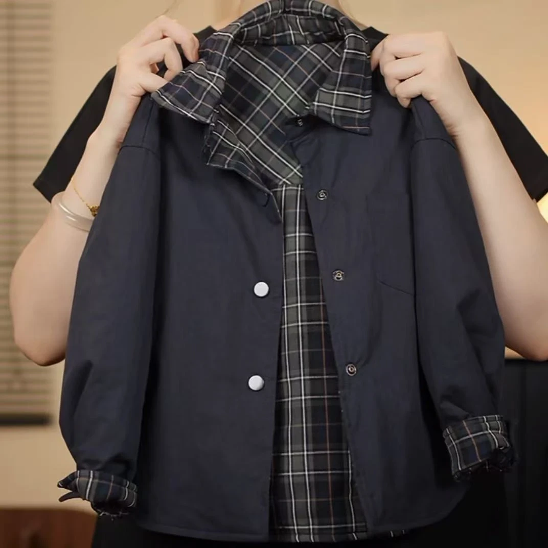 女童假两件格子拼接棉服外套2025新款秋冬夹棉冲锋衣二棉夹克防风