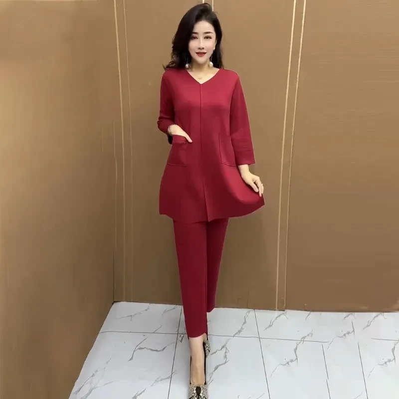 时尚减龄气质妈妈纯色中长款上衣套装休闲小脚裤200斤大码两件套