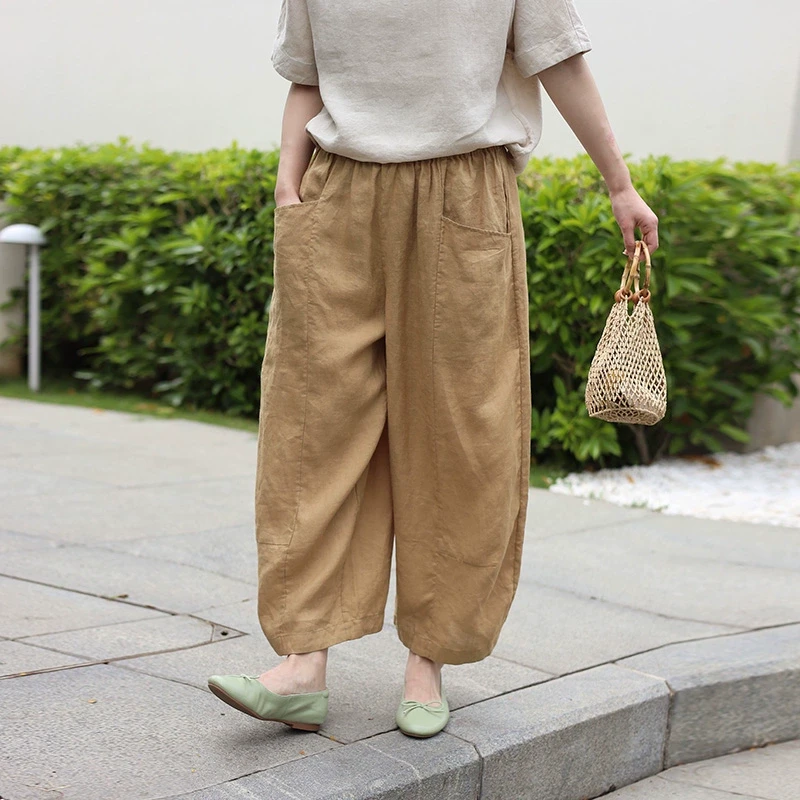 绽放199朵/休闲裤大口袋苎麻宽松休闲裤文艺复古简约百搭阔腿裤