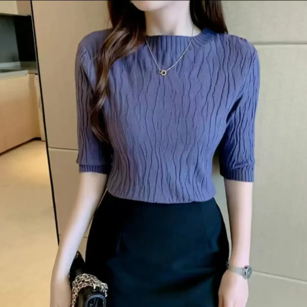 #0808 显瘦透气针织短袖T恤女半高领舒适洋气修身短款上衣
