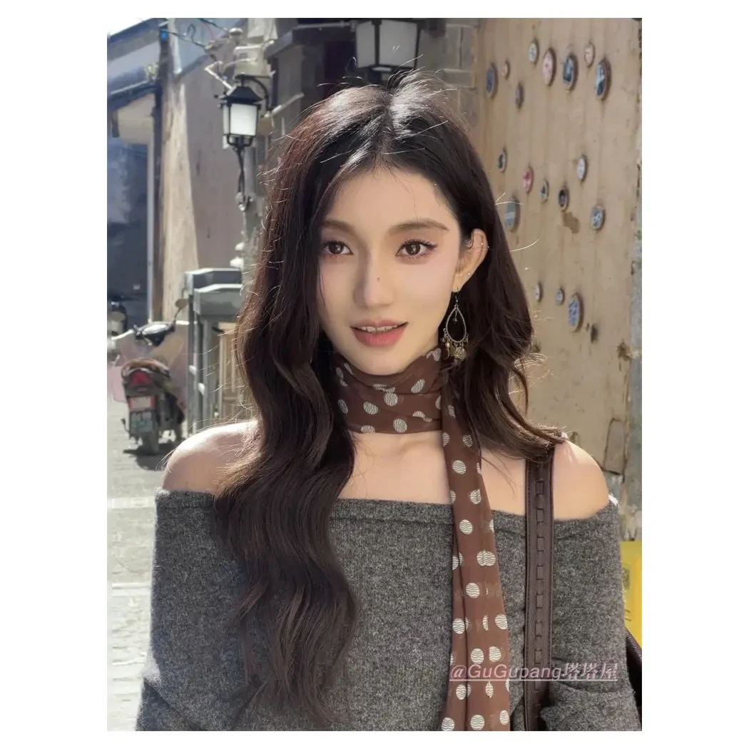 误当了韩剧女主！多用式复古棕色波点长条丝巾女度假系脖领巾发带