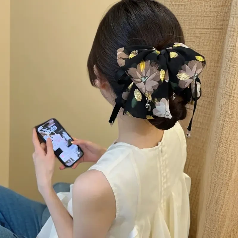 2025新款蝴蝶结飘带碎花抓夹高级感发量少马尾夹发夹后脑勺夹